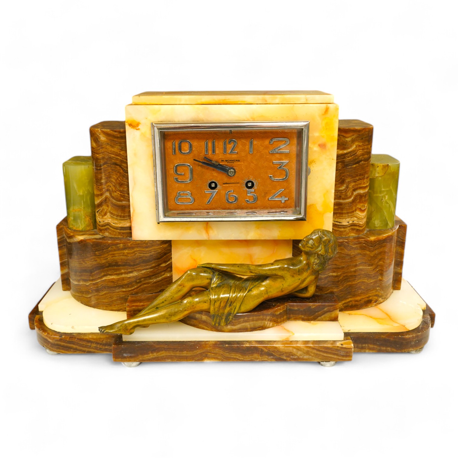 An Art Deco onyx and bronze figural clock, 27cm high. Condition - fair